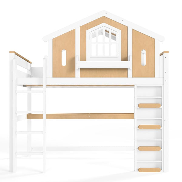 English Elm Twin House Shaped Floor Bed Pine Wood Frame with Safety Rails for Kids Shared Rooms Natural, White W1580S00711