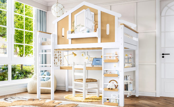 English Elm Twin House Shaped Floor Bed Pine Wood Frame with Safety Rails for Kids Shared Rooms Natural, White W1580S00711