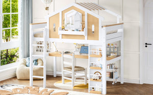 English Elm Twin House Shaped Floor Bed Pine Wood Frame with Safety Rails for Kids Shared Rooms Natural, White W1580S00711