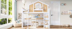 English Elm Twin House Shaped Floor Bed Pine Wood Frame with Safety Rails for Kids Shared Rooms Natural, White W1580S00711