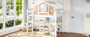 English Elm Twin House Shaped Floor Bed Pine Wood Frame with Safety Rails for Kids Shared Rooms Natural, White W1580S00711