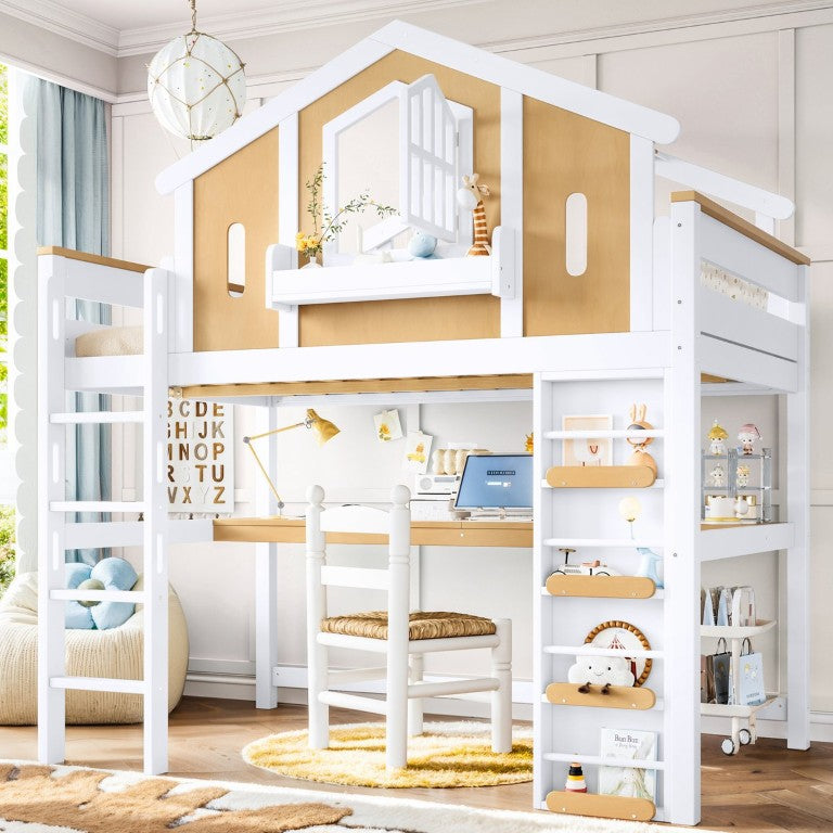 English Elm Twin House Shaped Floor Bed Pine Wood Frame with Safety Rails for Kids Shared Rooms Natural, White W1580S00711