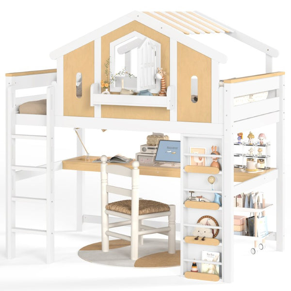 English Elm Twin House Shaped Floor Bed Pine Wood Frame with Safety Rails for Kids Shared Rooms Natural, White W1580S00711