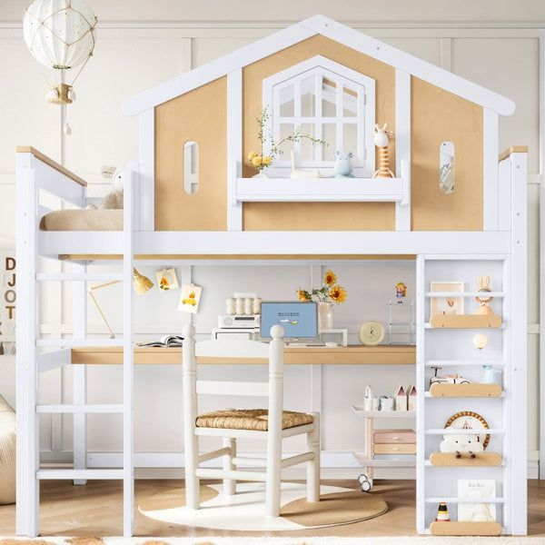 English Elm Twin House Shaped Floor Bed Pine Wood Frame with Safety Rails for Kids Shared Rooms Natural, White W1580S00711