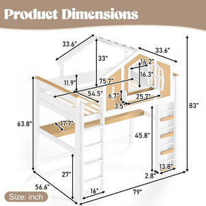 English Elm Twin House Shaped Floor Bed Pine Wood Frame with Safety Rails for Kids Shared Rooms Natural, White W1580S00711