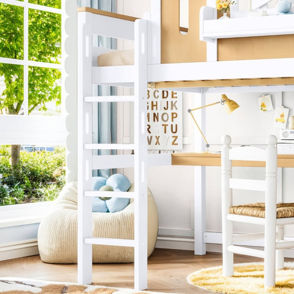 English Elm Twin House Shaped Floor Bed Pine Wood Frame with Safety Rails for Kids Shared Rooms Natural, White W1580S00711