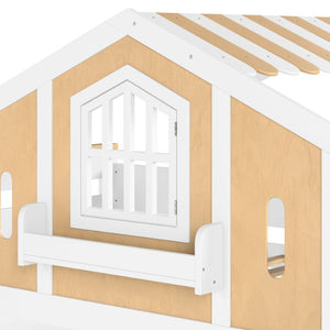 English Elm Twin House Shaped Floor Bed Pine Wood Frame with Safety Rails for Kids Shared Rooms Natural, White W1580S00711