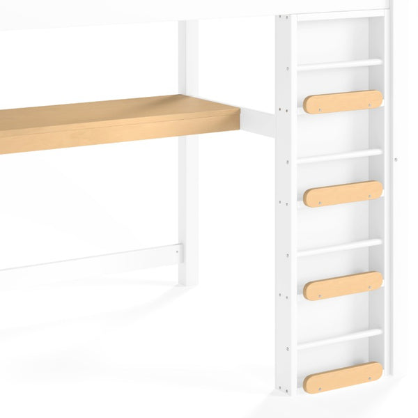 English Elm Twin House Shaped Floor Bed Pine Wood Frame with Safety Rails for Kids Shared Rooms Natural, White W1580S00711