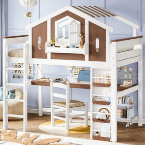 English Elm Full Size Kids Loft Bed with Playhouse Roof Desk Storage Staircase Pine Frame W1580S00712