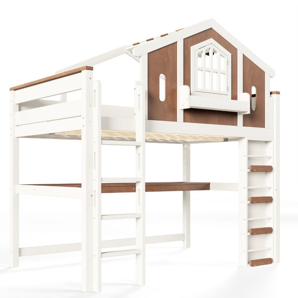 English Elm Full Size Kids Loft Bed with Playhouse Roof Desk Storage Staircase Pine Frame W1580S00712