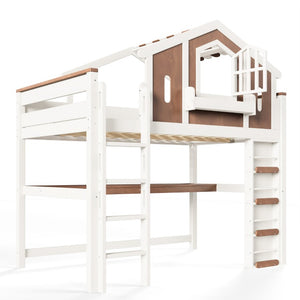 English Elm Full Size Kids Loft Bed with Playhouse Roof Desk Storage Staircase Pine Frame W1580S00712