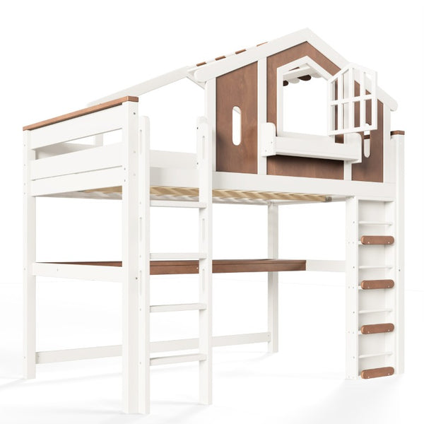 English Elm Full Size Kids Loft Bed with Playhouse Roof Desk Storage Staircase Pine Frame W1580S00712