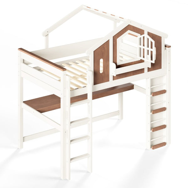 English Elm Full Size Kids Loft Bed with Playhouse Roof Desk Storage Staircase Pine Frame W1580S00712