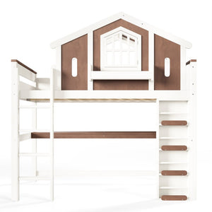 English Elm Full Size Kids Loft Bed with Playhouse Roof Desk Storage Staircase Pine Frame W1580S00712