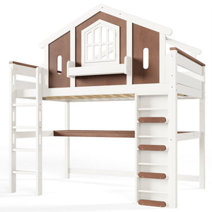 English Elm Full Size Kids Loft Bed with Playhouse Roof Desk Storage Staircase Pine Frame W1580S00712
