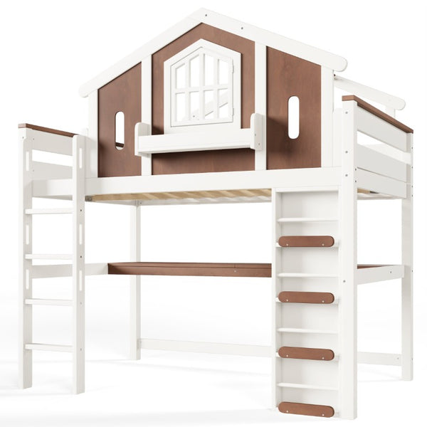 English Elm Full Size Kids Loft Bed with Playhouse Roof Desk Storage Staircase Pine Frame W1580S00712