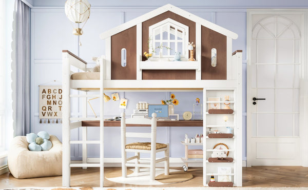 English Elm Full Size Kids Loft Bed with Playhouse Roof Desk Storage Staircase Pine Frame W1580S00712