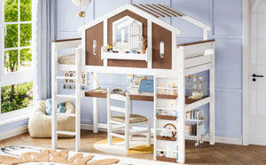 English Elm Full Size Kids Loft Bed with Playhouse Roof Desk Storage Staircase Pine Frame W1580S00712