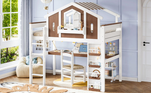 English Elm Full Size Kids Loft Bed with Playhouse Roof Desk Storage Staircase Pine Frame W1580S00712
