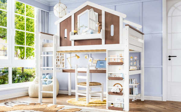 English Elm Full Size Kids Loft Bed with Playhouse Roof Desk Storage Staircase Pine Frame W1580S00712