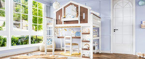 English Elm Full Size Kids Loft Bed with Playhouse Roof Desk Storage Staircase Pine Frame W1580S00712