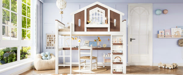English Elm Full Size Kids Loft Bed with Playhouse Roof Desk Storage Staircase Pine Frame W1580S00712