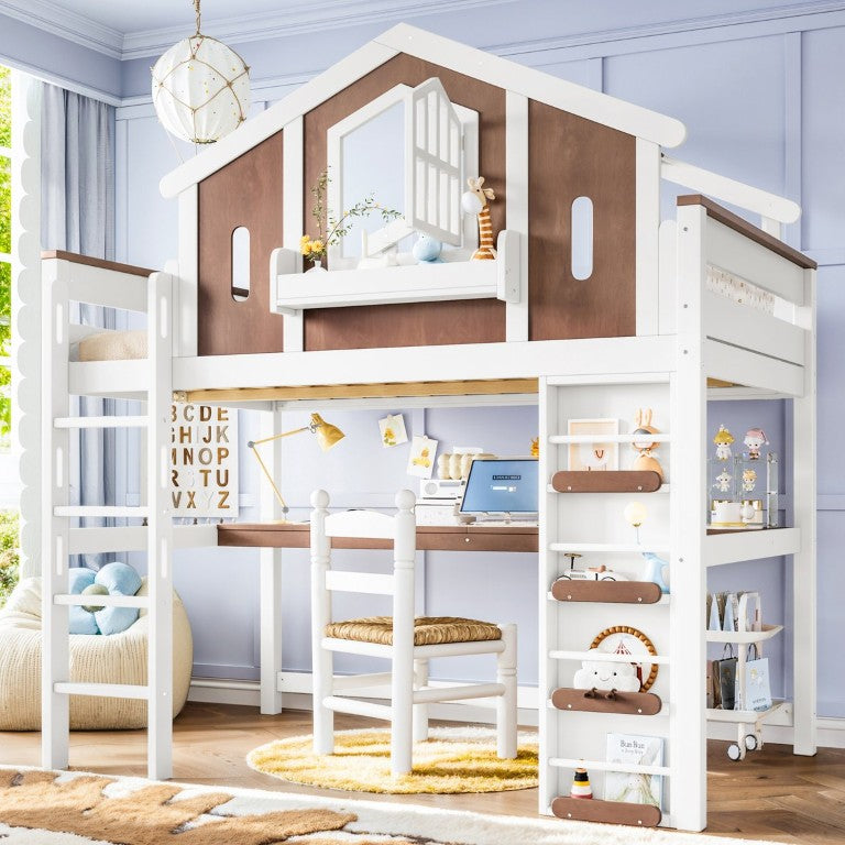 English Elm Full Size Kids Loft Bed with Playhouse Roof Desk Storage Staircase Pine Frame W1580S00712