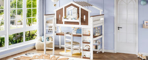 English Elm Full Size Kids Loft Bed with Playhouse Roof Desk Storage Staircase Pine Frame W1580S00712