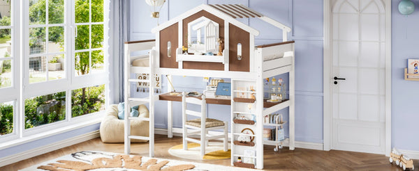 English Elm Full Size Kids Loft Bed with Playhouse Roof Desk Storage Staircase Pine Frame W1580S00712