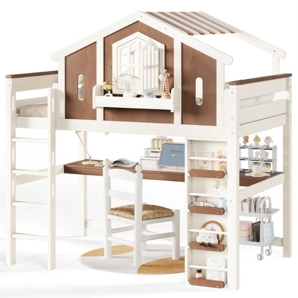 English Elm Full Size Kids Loft Bed with Playhouse Roof Desk Storage Staircase Pine Frame W1580S00712