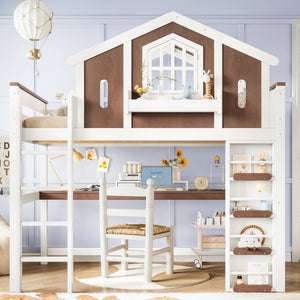 English Elm Full Size Kids Loft Bed with Playhouse Roof Desk Storage Staircase Pine Frame W1580S00712