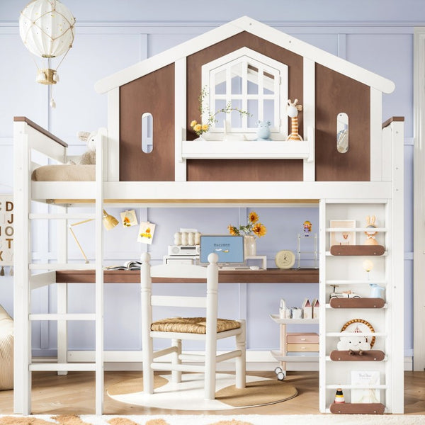 English Elm Full Size Kids Loft Bed with Playhouse Roof Desk Storage Staircase Pine Frame W1580S00712