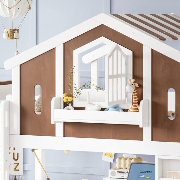 English Elm Full Size Kids Loft Bed with Playhouse Roof Desk Storage Staircase Pine Frame W1580S00712