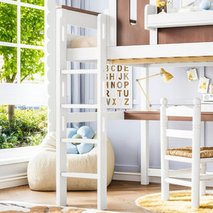 English Elm Full Size Kids Loft Bed with Playhouse Roof Desk Storage Staircase Pine Frame W1580S00712