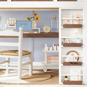 English Elm Full Size Kids Loft Bed with Playhouse Roof Desk Storage Staircase Pine Frame W1580S00712