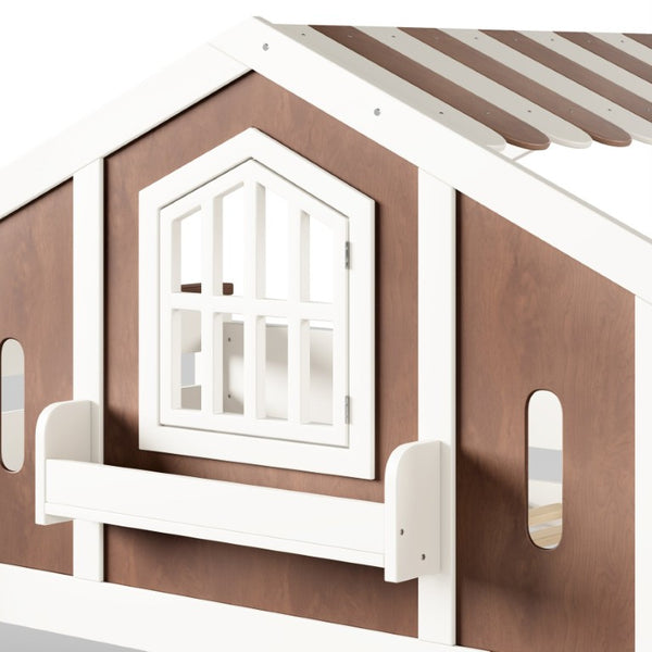 English Elm Full Size Kids Loft Bed with Playhouse Roof Desk Storage Staircase Pine Frame W1580S00712