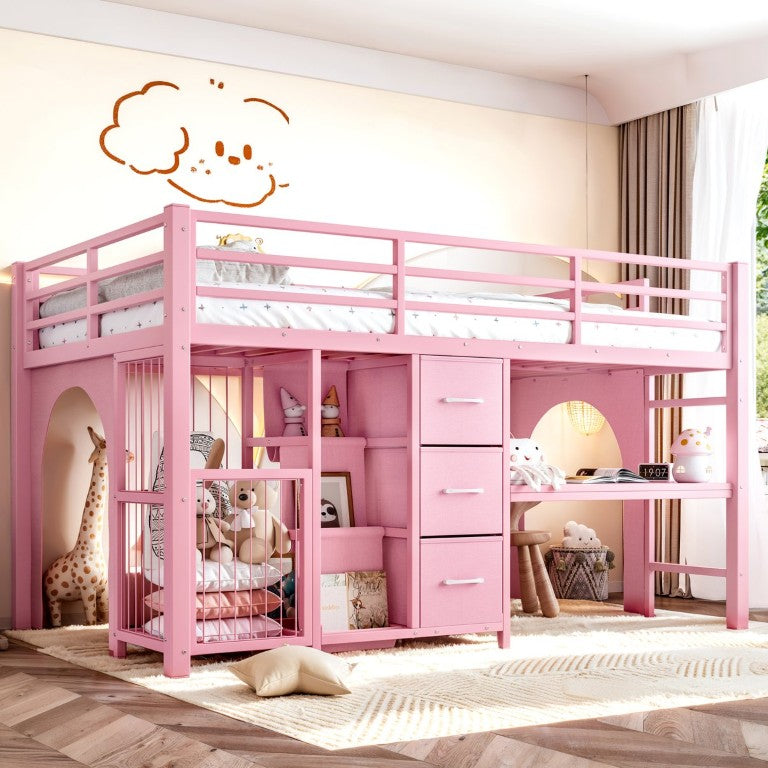 English Elm Twin Low Loft Bed for Kids with Built-In Desk Bookshelf and Fabric Storage Drawers Pink W1580S00720