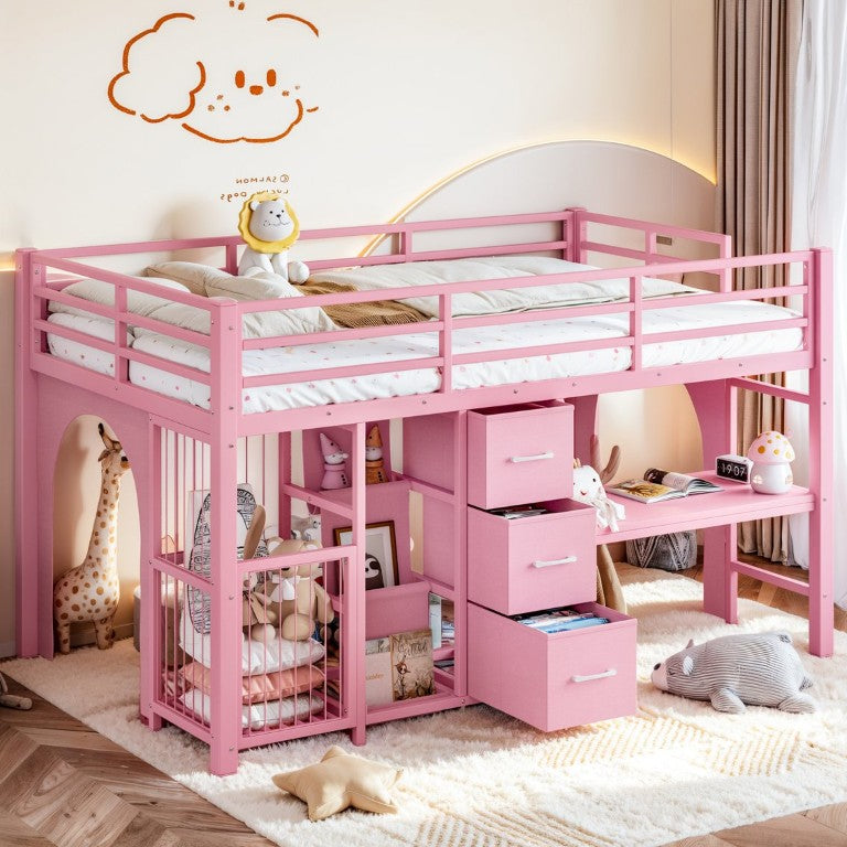 English Elm Twin Low Loft Bed for Kids with Built-In Desk Bookshelf and Fabric Storage Drawers Pink W1580S00720