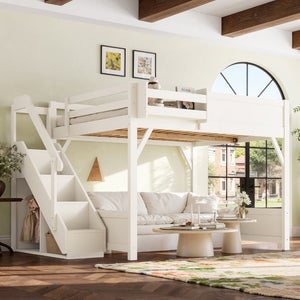 English Elm Queen Loft Bed Solid Pine Frame with Built-In Wardrobe Shelves and Stair Access Antique White W1580S00728