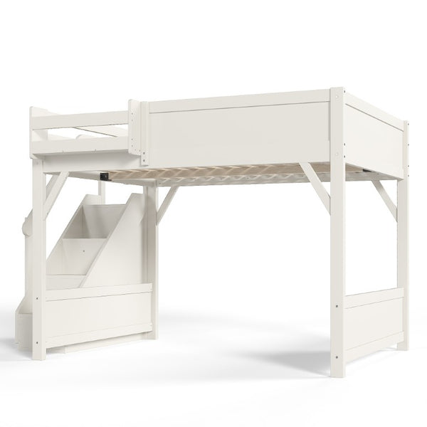 English Elm Queen Loft Bed Solid Pine Frame with Built-In Wardrobe Shelves and Stair Access Antique White W1580S00728