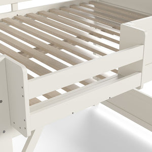 English Elm Queen Loft Bed Solid Pine Frame with Built-In Wardrobe Shelves and Stair Access Antique White W1580S00728