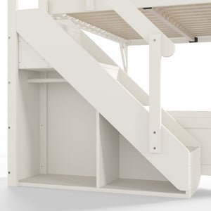 English Elm Queen Loft Bed Solid Pine Frame with Built-In Wardrobe Shelves and Stair Access Antique White W1580S00728