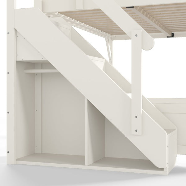 English Elm Queen Loft Bed Solid Pine Frame with Built-In Wardrobe Shelves and Stair Access Antique White W1580S00728