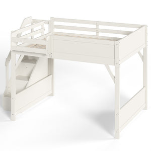 English Elm Queen Loft Bed Solid Pine Frame with Built-In Wardrobe Shelves and Stair Access Antique White W1580S00728