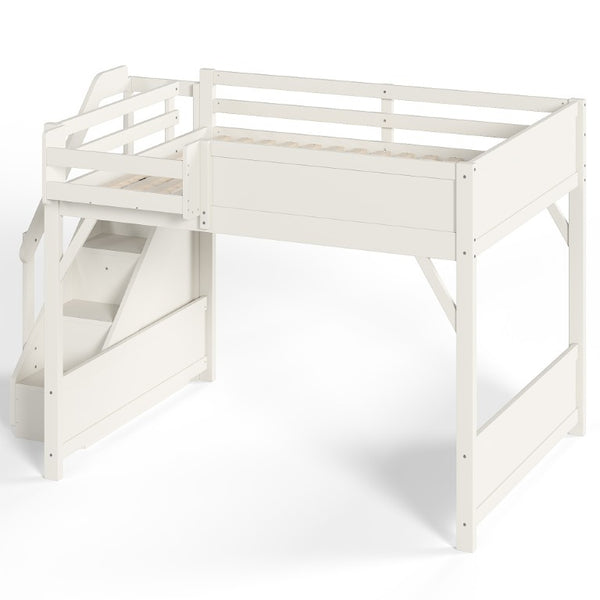 English Elm Queen Loft Bed Solid Pine Frame with Built-In Wardrobe Shelves and Stair Access Antique White W1580S00728
