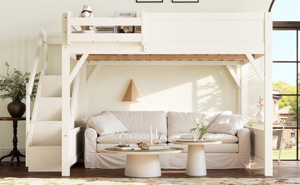 English Elm Queen Loft Bed Solid Pine Frame with Built-In Wardrobe Shelves and Stair Access Antique White W1580S00728