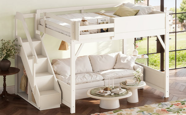 English Elm Queen Loft Bed Solid Pine Frame with Built-In Wardrobe Shelves and Stair Access Antique White W1580S00728