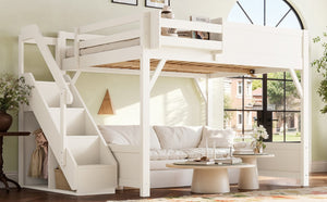 English Elm Queen Loft Bed Solid Pine Frame with Built-In Wardrobe Shelves and Stair Access Antique White W1580S00728