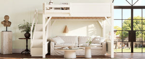 English Elm Queen Loft Bed Solid Pine Frame with Built-In Wardrobe Shelves and Stair Access Antique White W1580S00728