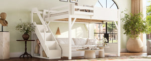English Elm Queen Loft Bed Solid Pine Frame with Built-In Wardrobe Shelves and Stair Access Antique White W1580S00728
